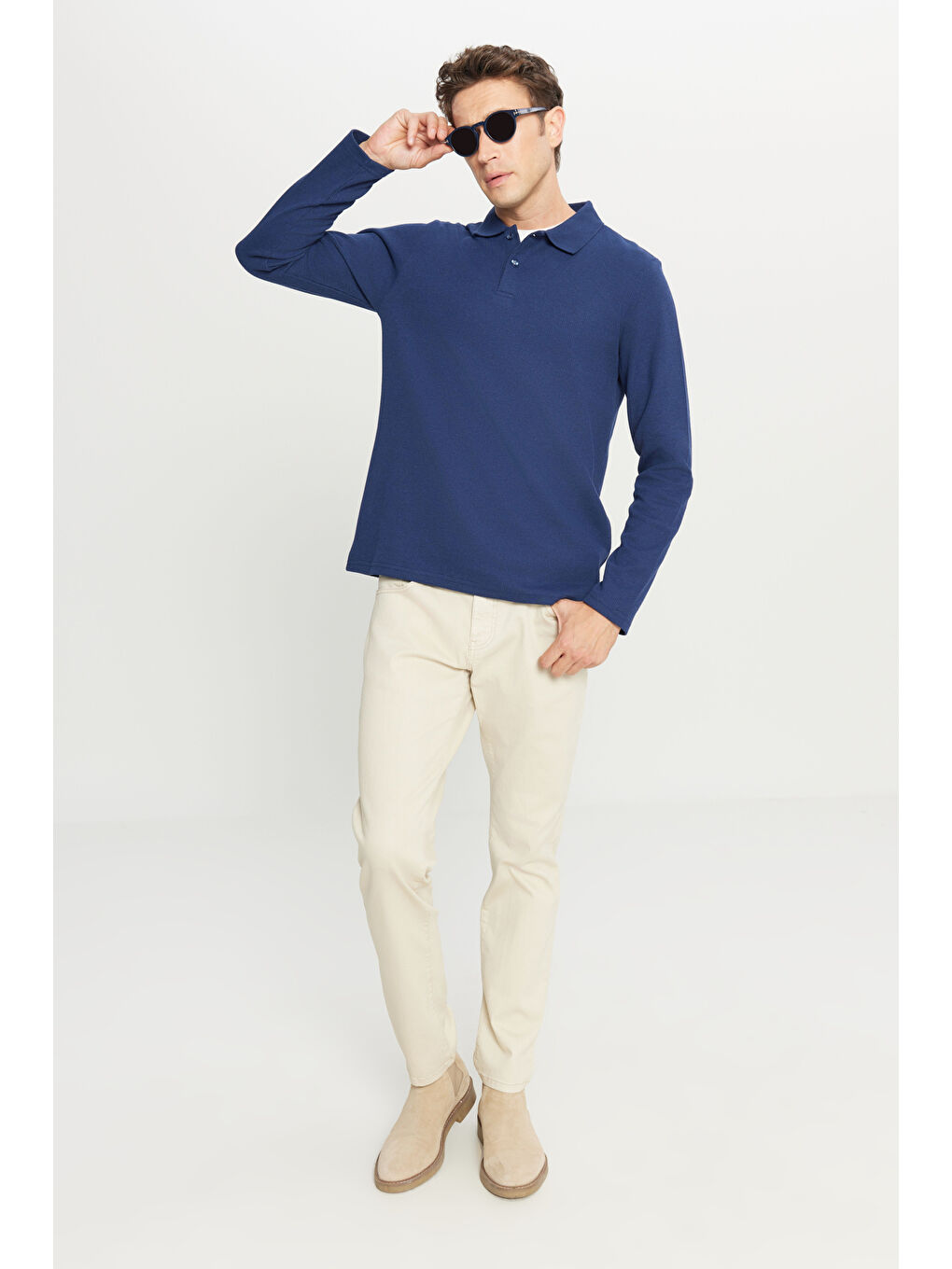 Erkek Lacivert Pamuklu Standart Fit Normal Kesim Polo Yaka Sweatshirt-1