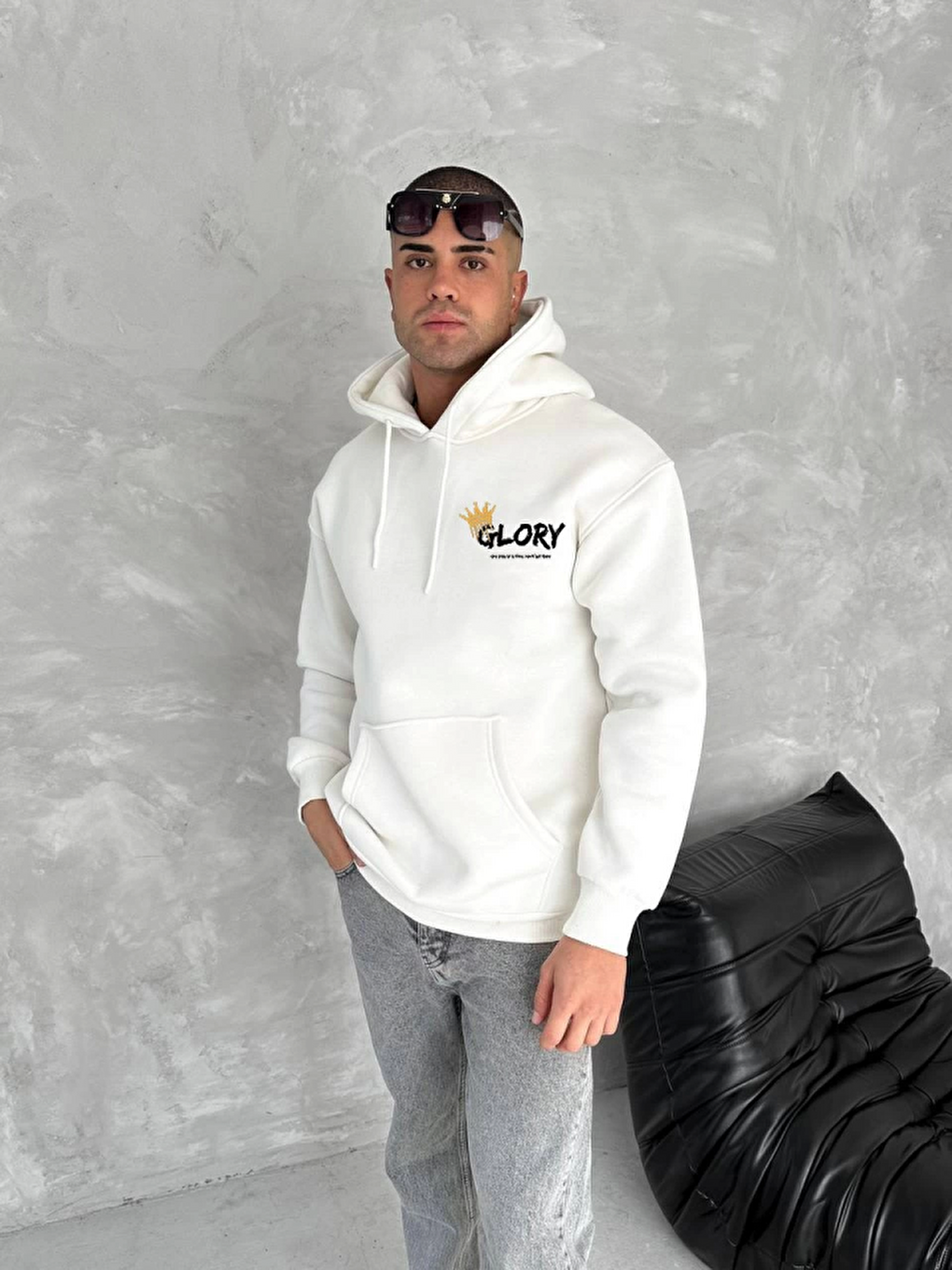 Kışlık Üç İplik Kapüşonlu Sweatshirt - Beyaz