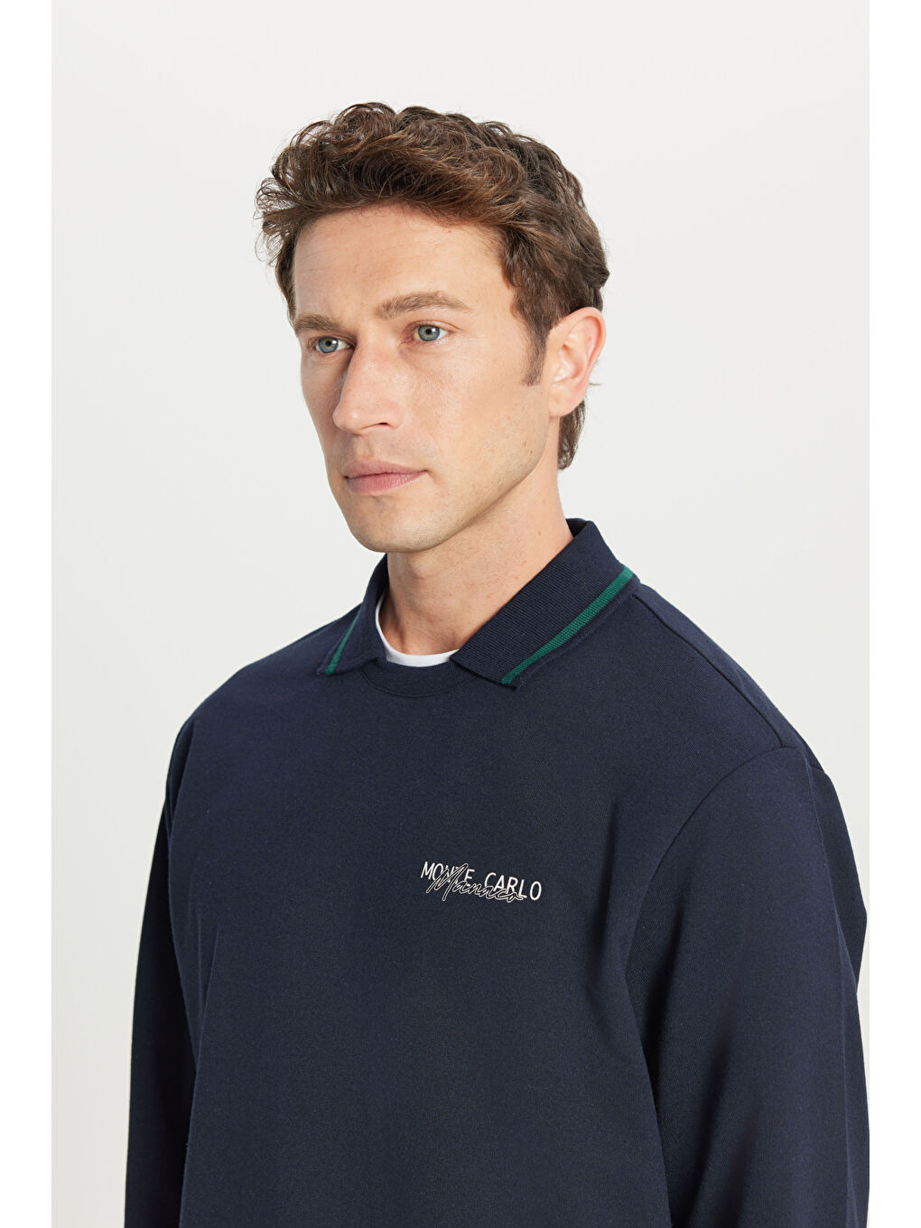 Erkek Lacivert 2 İplik Pamuklu Standart Fit Normal Kesim Polo Yaka Sweatshirt-3