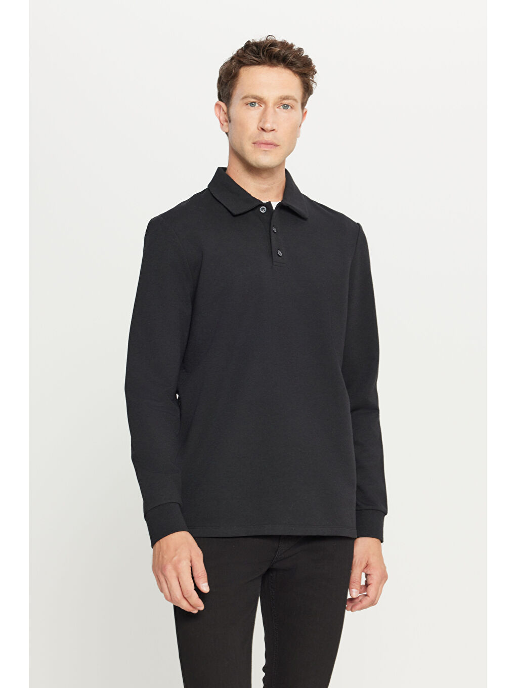 Erkek Siyah 2 İplik Pamuklu Standart Fit Normal Kesim Polo Yaka Sweatshirt