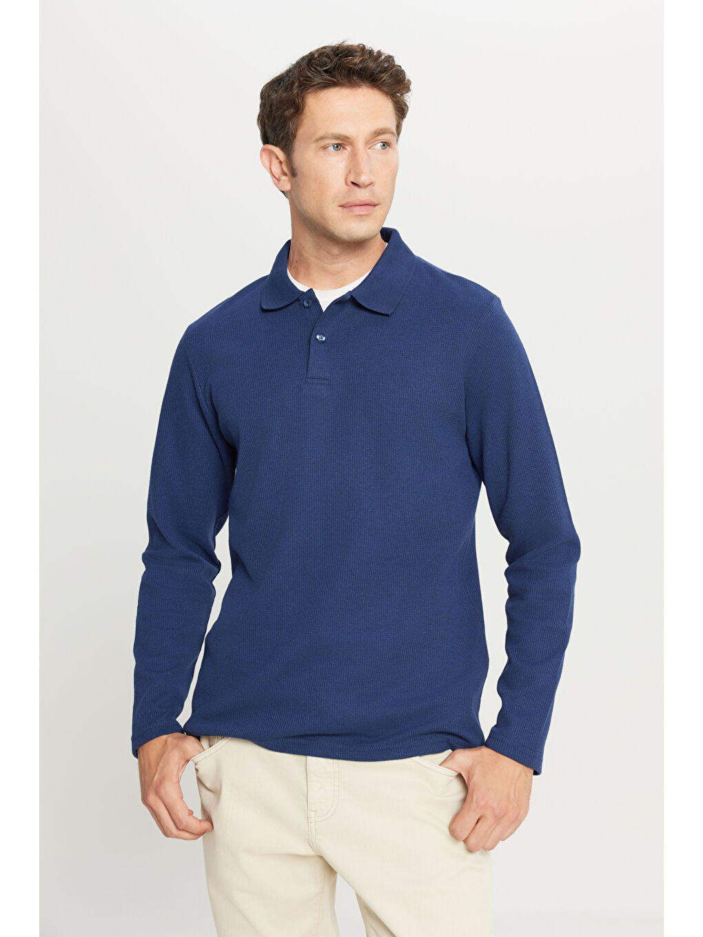 Erkek Lacivert Pamuklu Standart Fit Normal Kesim Polo Yaka Sweatshirt-2