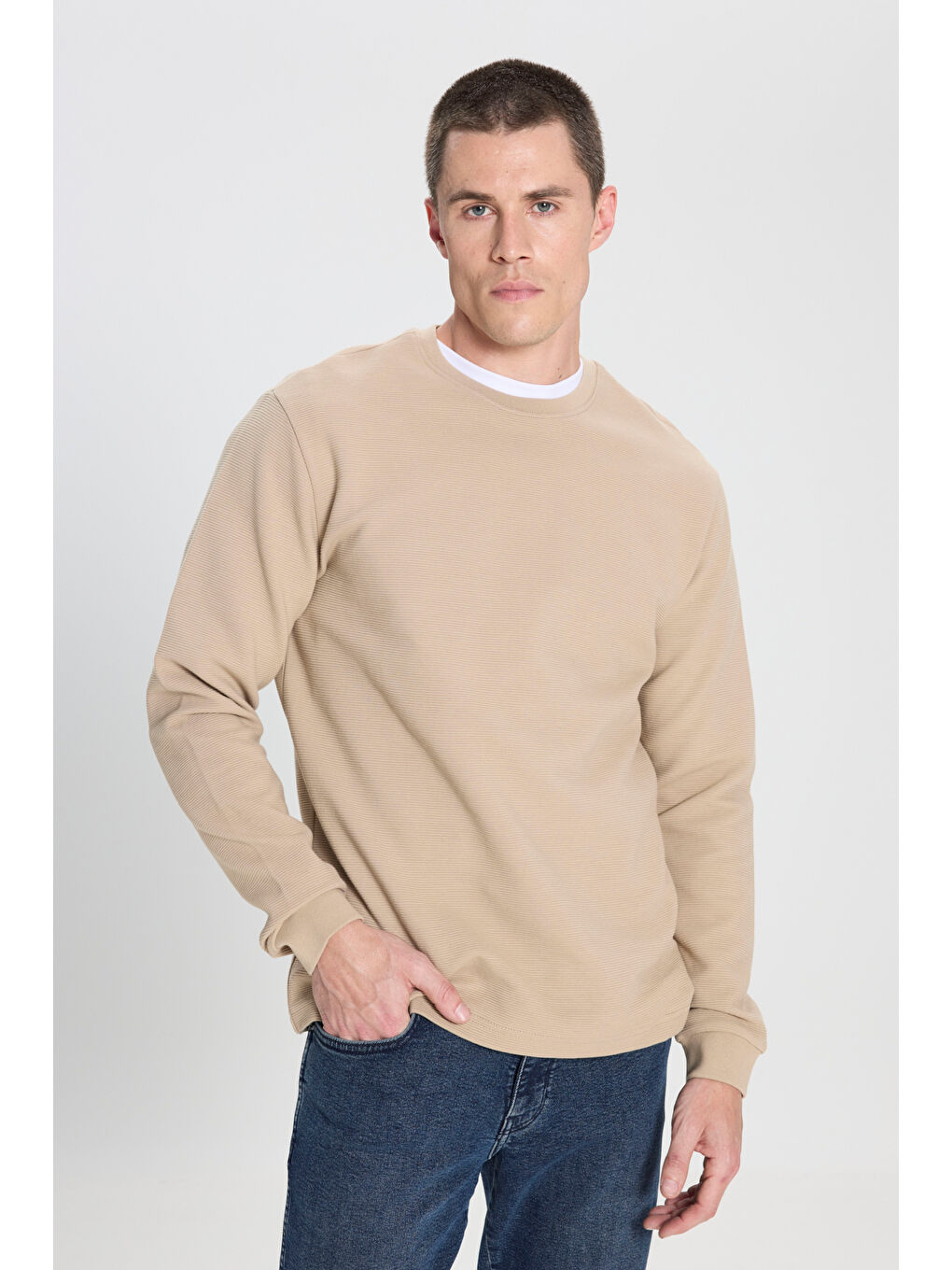 Regular Fit Normal Kesim Bisiklet Yaka %100 Pamuk Bej Sweatshirt