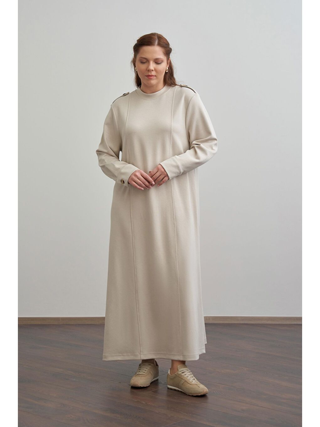 Bej Taş-Yumuşak Dokulu Apoletli Elbise