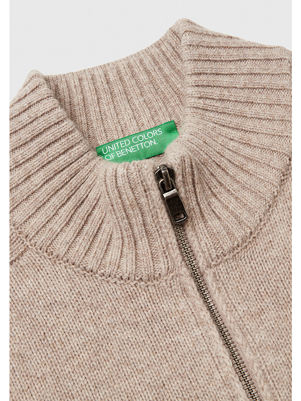 Erkek Bej Melanj %100 Yün Ribana Detaylı Fermuarlı Hırka-2