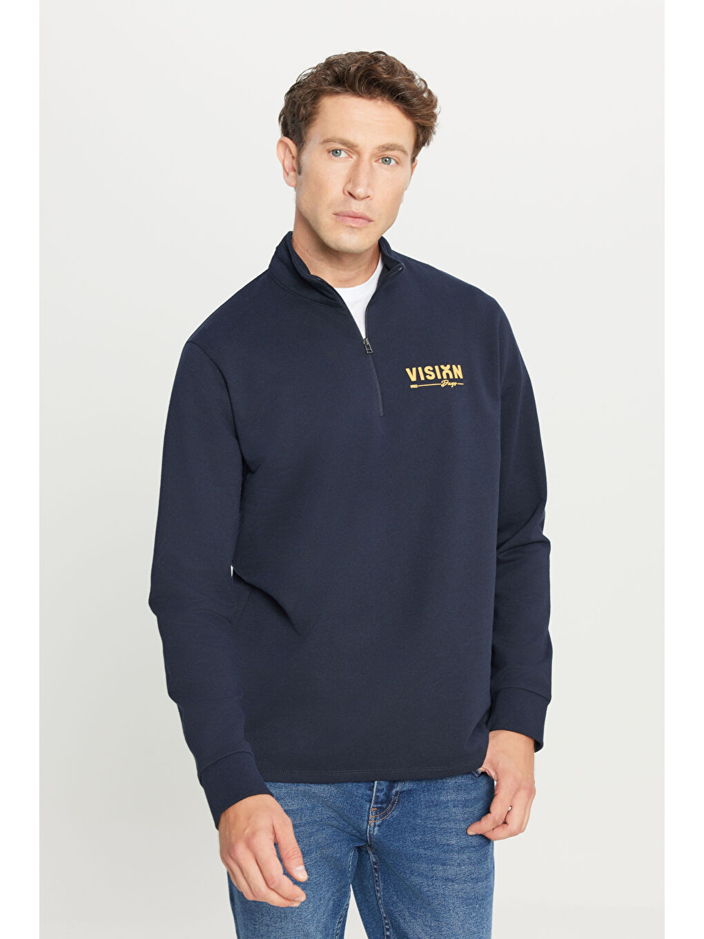 Erkek Lacivert 2 İplik Pamuklu Standart Fit Normal Kesim Bato Yaka Sweatshirt