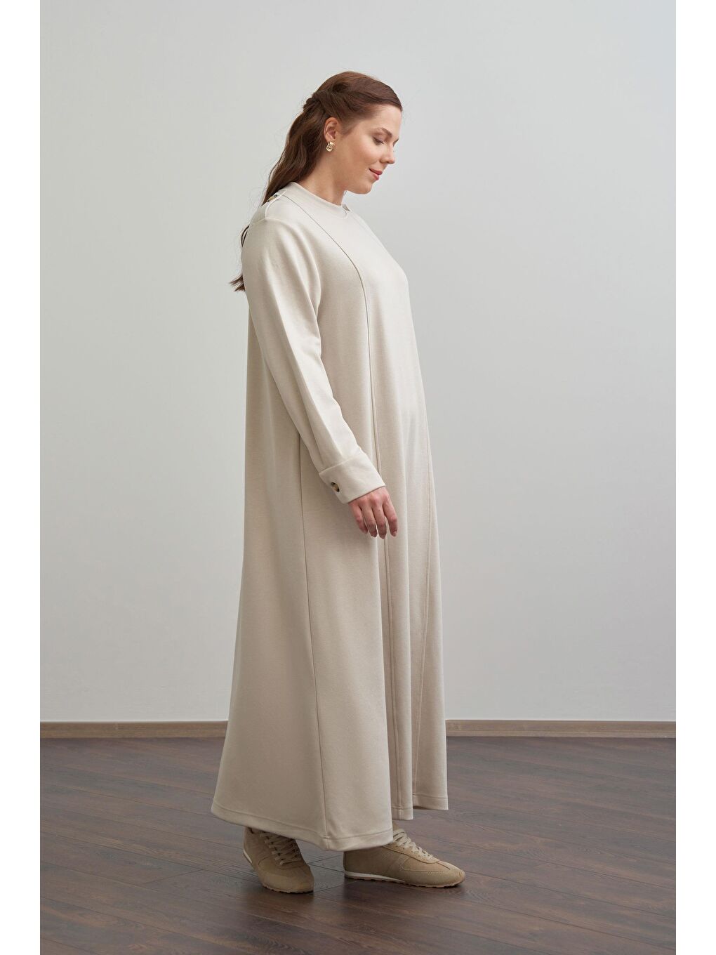 Bej Taş-Yumuşak Dokulu Apoletli Elbise-1