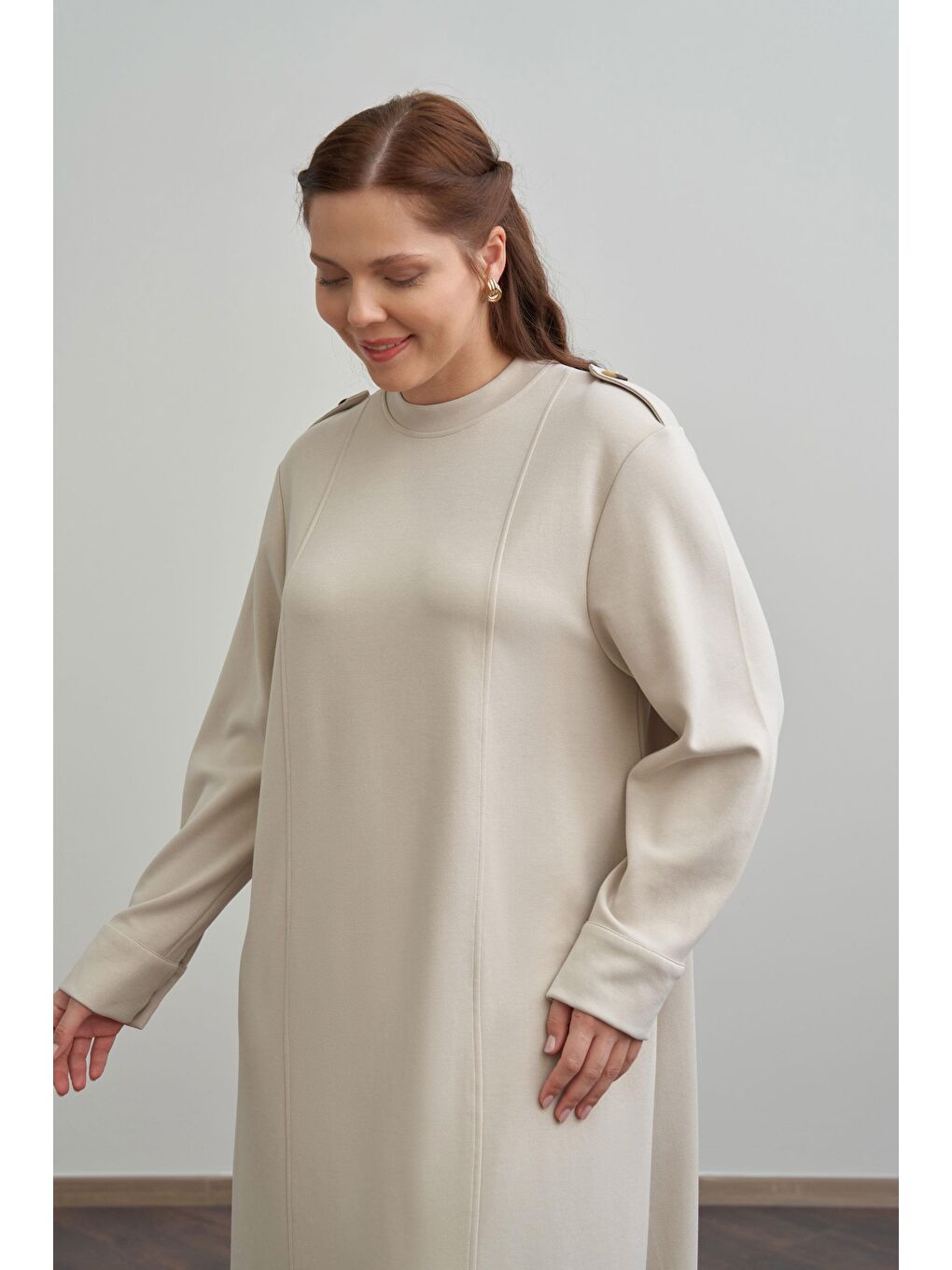 Bej Taş-Yumuşak Dokulu Apoletli Elbise-3