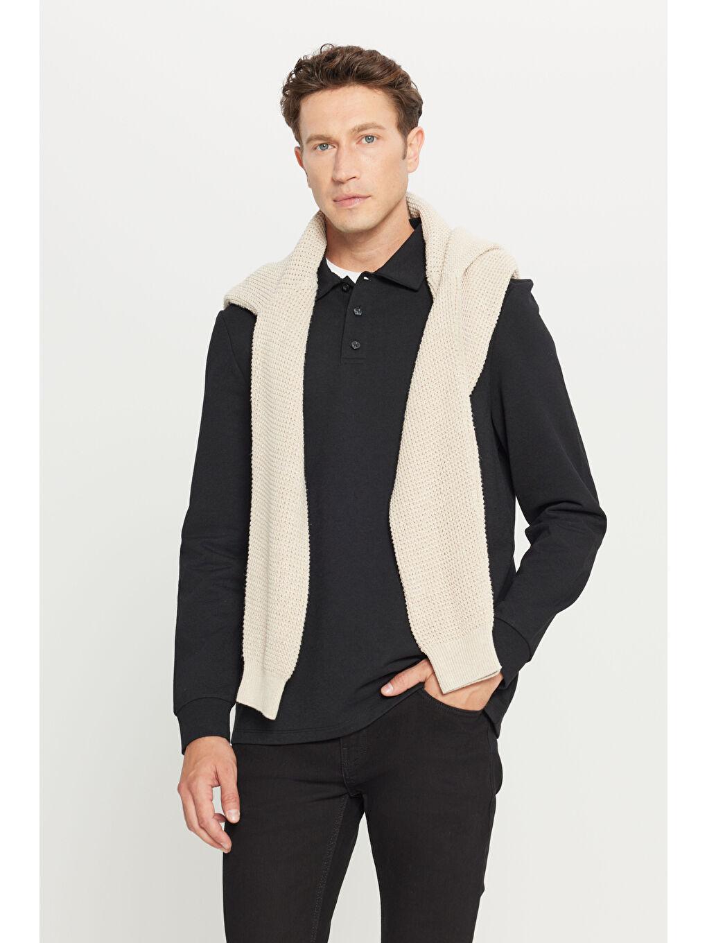 Erkek Siyah 2 İplik Pamuklu Standart Fit Normal Kesim Polo Yaka Sweatshirt-1