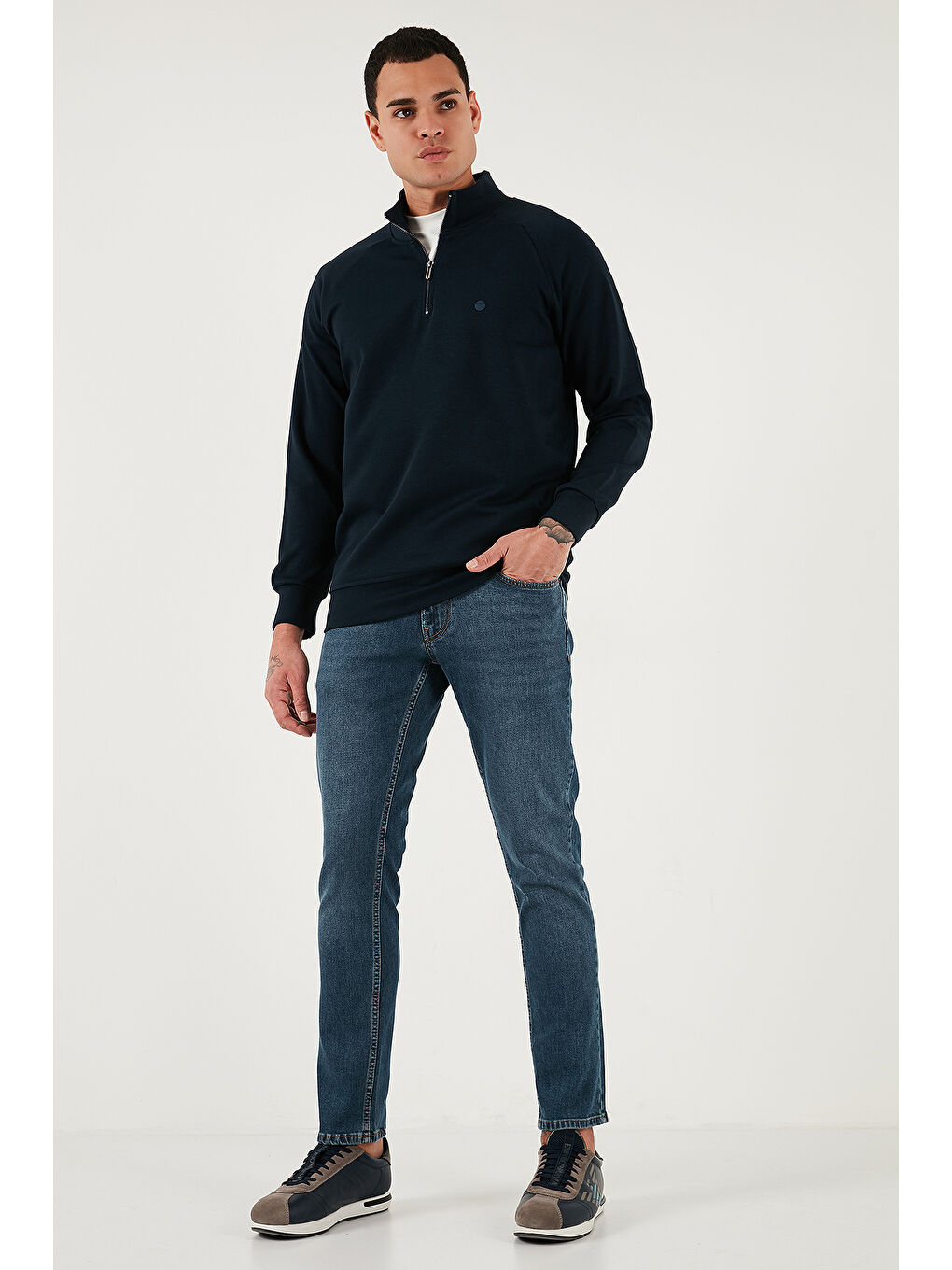 Lacivert Pamuklu Relaxed Fit Yarım Fermuarlı Dik Yaka Sweat 5901232-1