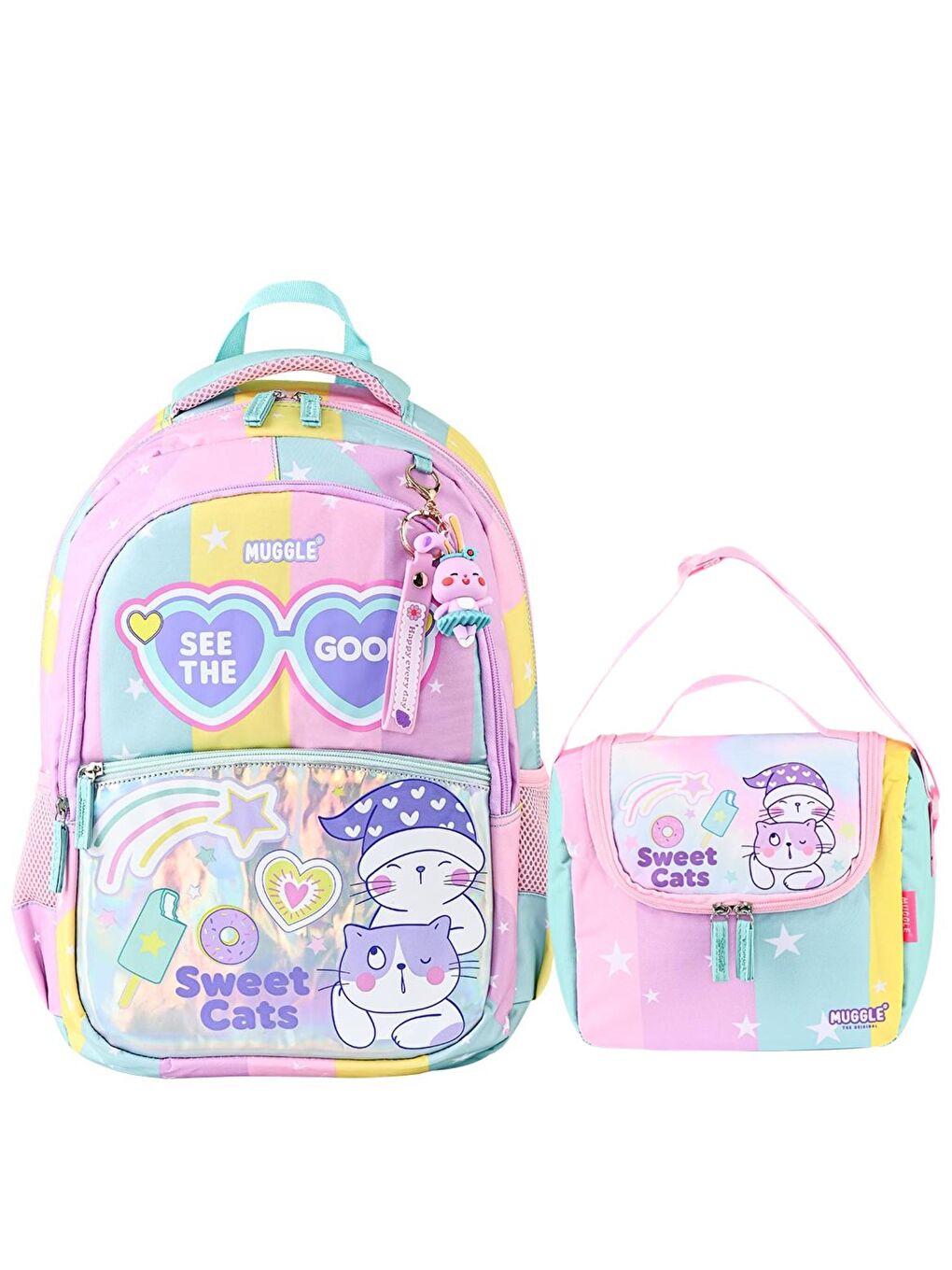 3 Bölmeli Good Be Kind Okul Çantası + Beslenme Çantası Pembe-Yeşil 2 Li Set