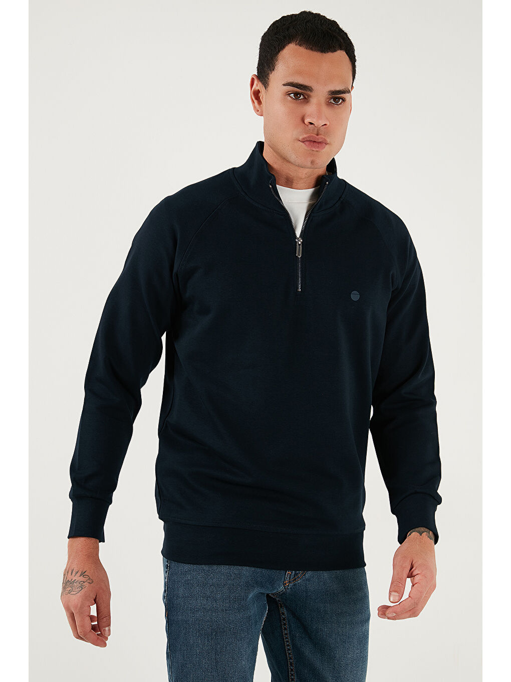 Lacivert Pamuklu Relaxed Fit Yarım Fermuarlı Dik Yaka Sweat 5901232-2