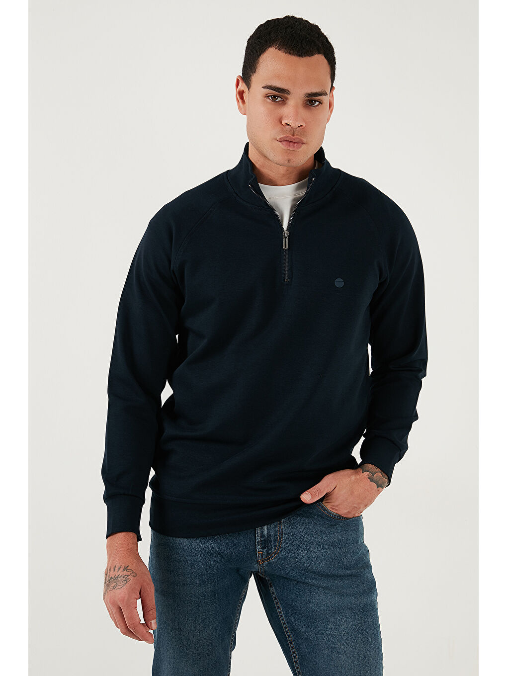 Lacivert Pamuklu Relaxed Fit Yarım Fermuarlı Dik Yaka Sweat 5901232-3