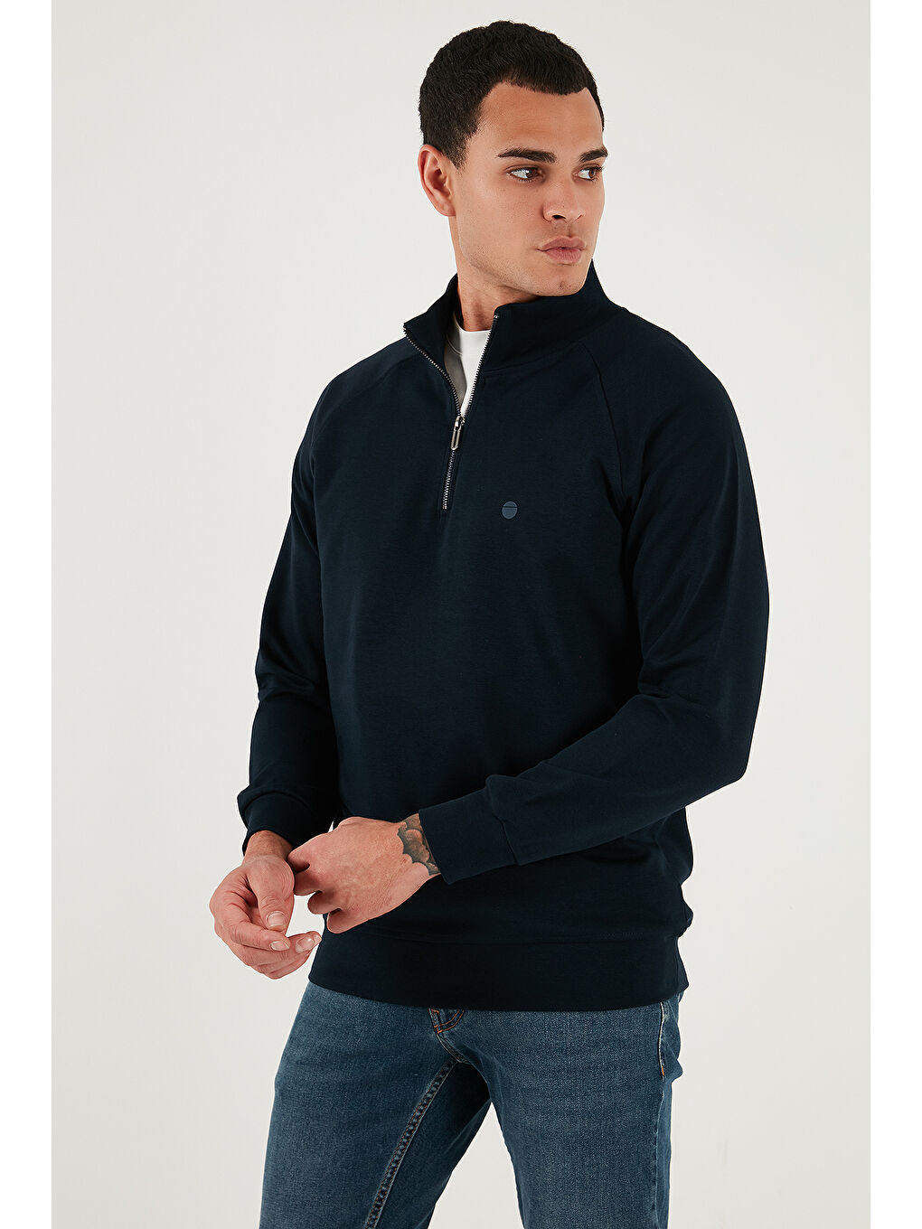 Lacivert Pamuklu Relaxed Fit Yarım Fermuarlı Dik Yaka Sweat 5901232-4