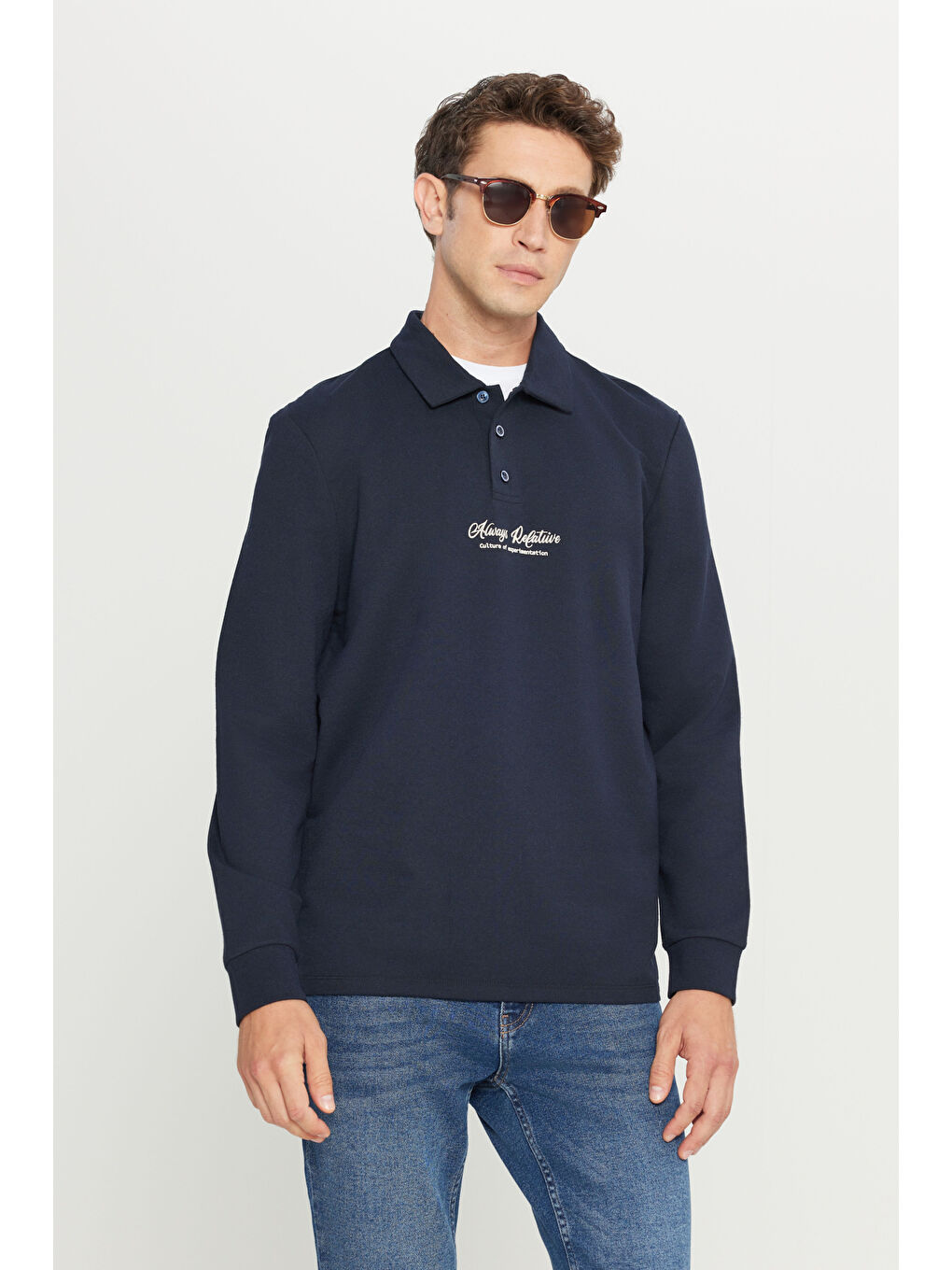 Erkek Lacivert 2 İplik Pamuklu Standart Fit Normal Kesim Polo Yaka Sweatshirt