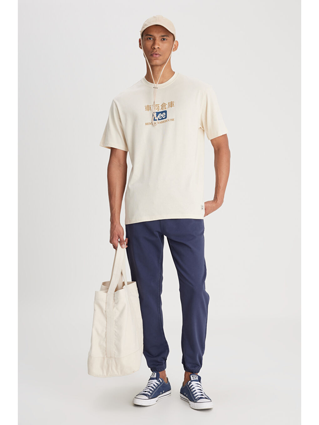 Loose Fit Rahat Kesim Bisiklet Yaka %100 Pamuk Ekru Tişört-2