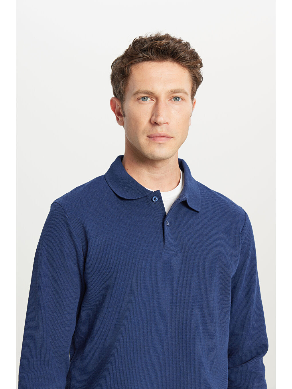 Erkek Lacivert Pamuklu Standart Fit Normal Kesim Polo Yaka Sweatshirt-3