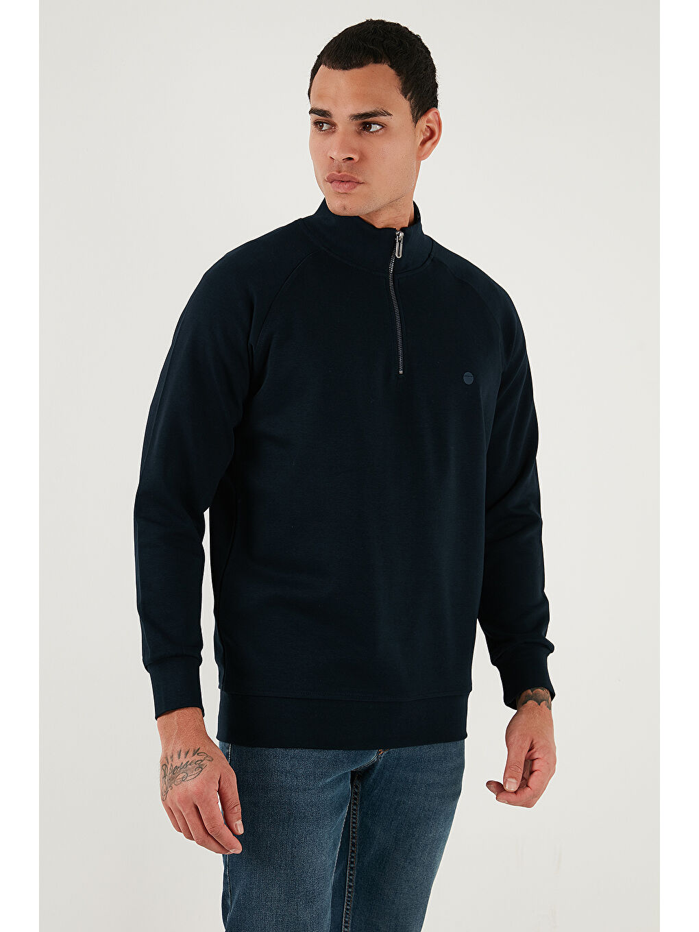 Lacivert Pamuklu Relaxed Fit Yarım Fermuarlı Dik Yaka Sweat 5901232-5