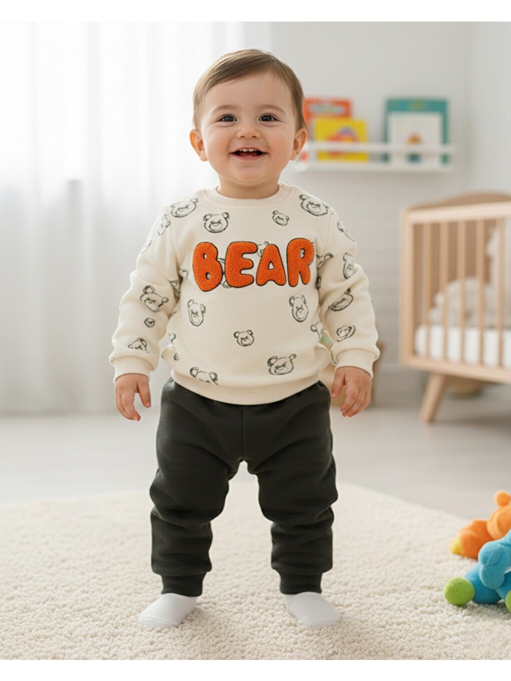 Gri Erkek Bebek Bear Nakışlı Kışlık 3 İp Şardonlu Alt Üst Takım