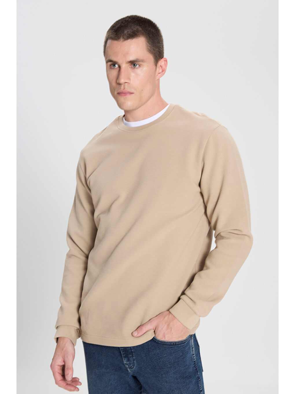 Regular Fit Normal Kesim Bisiklet Yaka %100 Pamuk Bej Sweatshirt-1