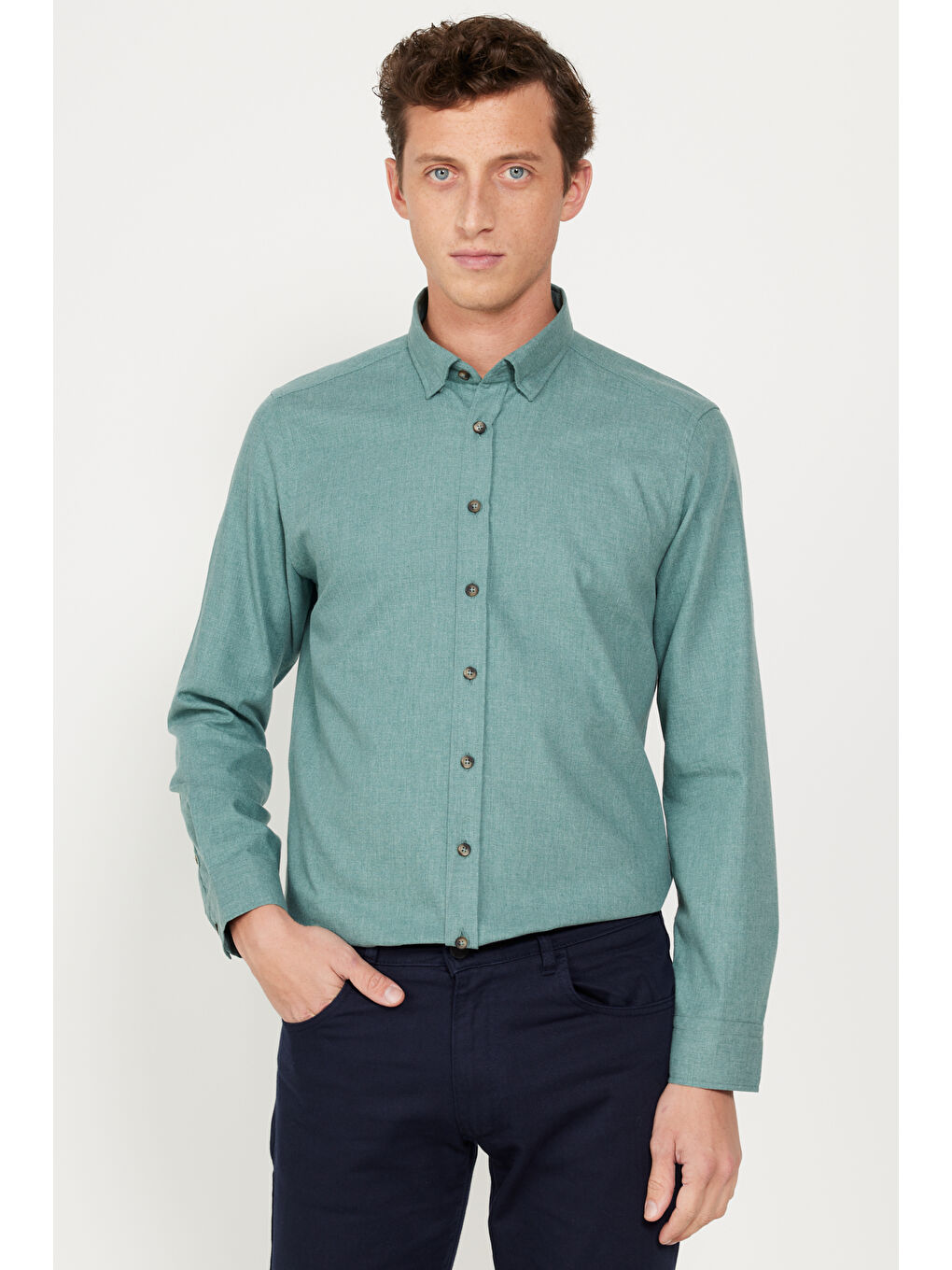 Erkek Haki Slim Fit Dar Kesim Düğmeli Yaka Flanel Oduncu Kışlık Gömlek