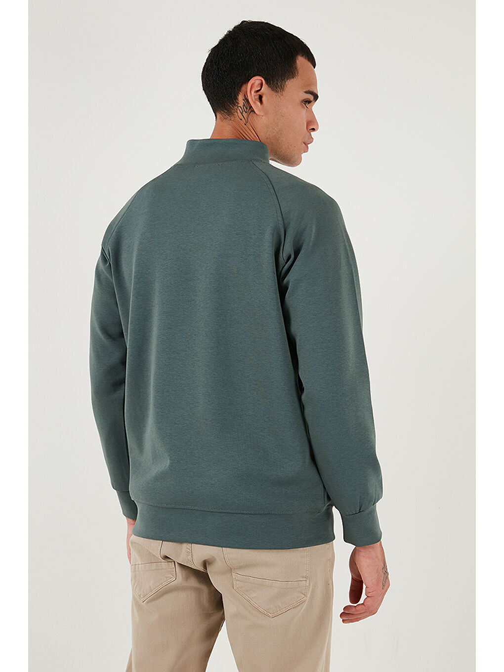 Haki Pamuklu Relaxed Fit Yarım Fermuarlı Dik Yaka Sweat 5901232-6
