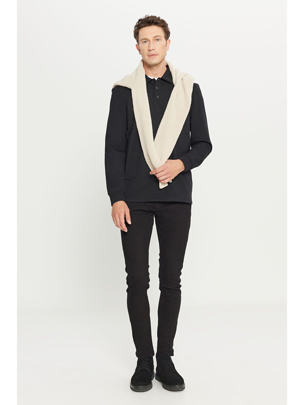 Erkek Siyah 2 İplik Pamuklu Standart Fit Normal Kesim Polo Yaka Sweatshirt-2