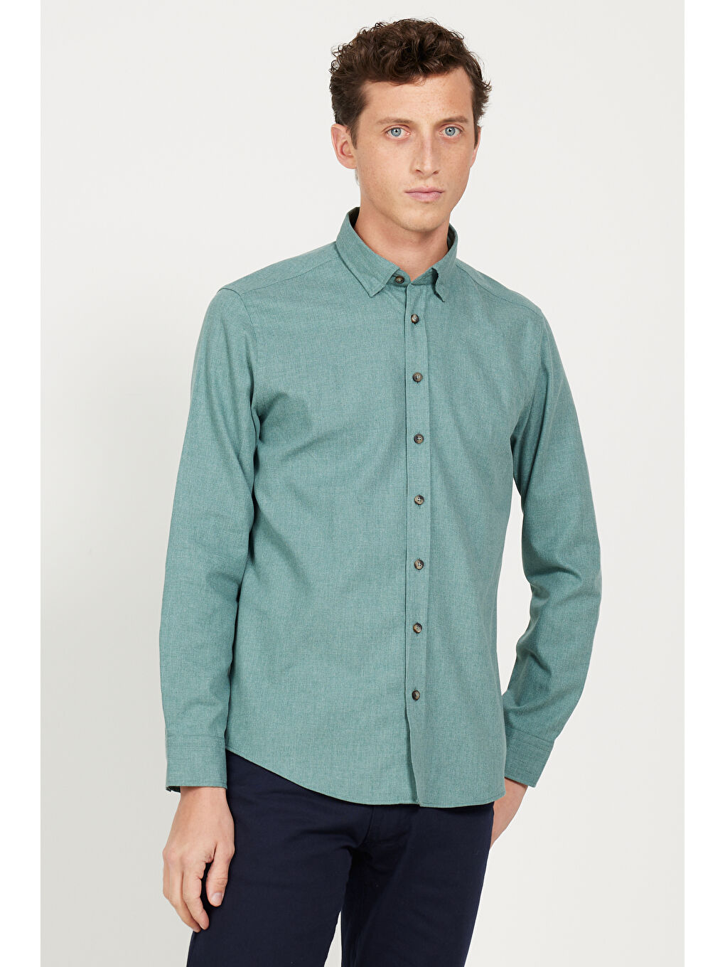 Erkek Haki Slim Fit Dar Kesim Düğmeli Yaka Flanel Oduncu Kışlık Gömlek-2