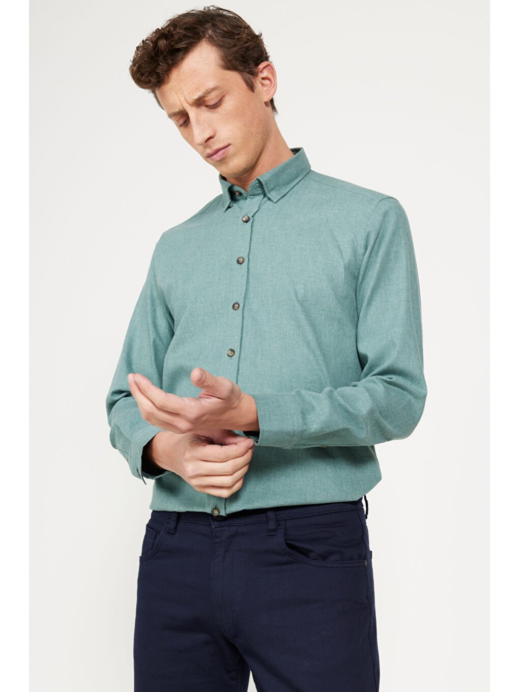 Erkek Haki Slim Fit Dar Kesim Düğmeli Yaka Flanel Oduncu Kışlık Gömlek-3