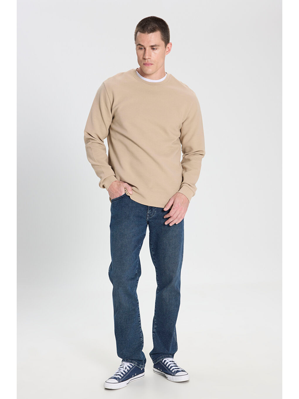 Regular Fit Normal Kesim Bisiklet Yaka %100 Pamuk Bej Sweatshirt-2