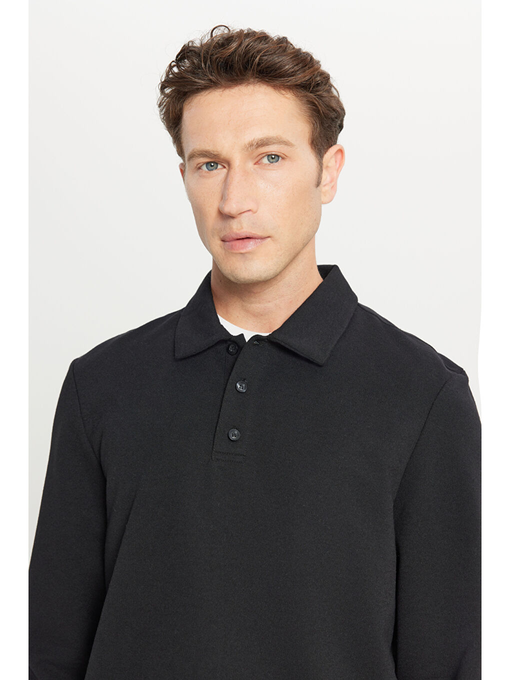 Erkek Siyah 2 İplik Pamuklu Standart Fit Normal Kesim Polo Yaka Sweatshirt-3