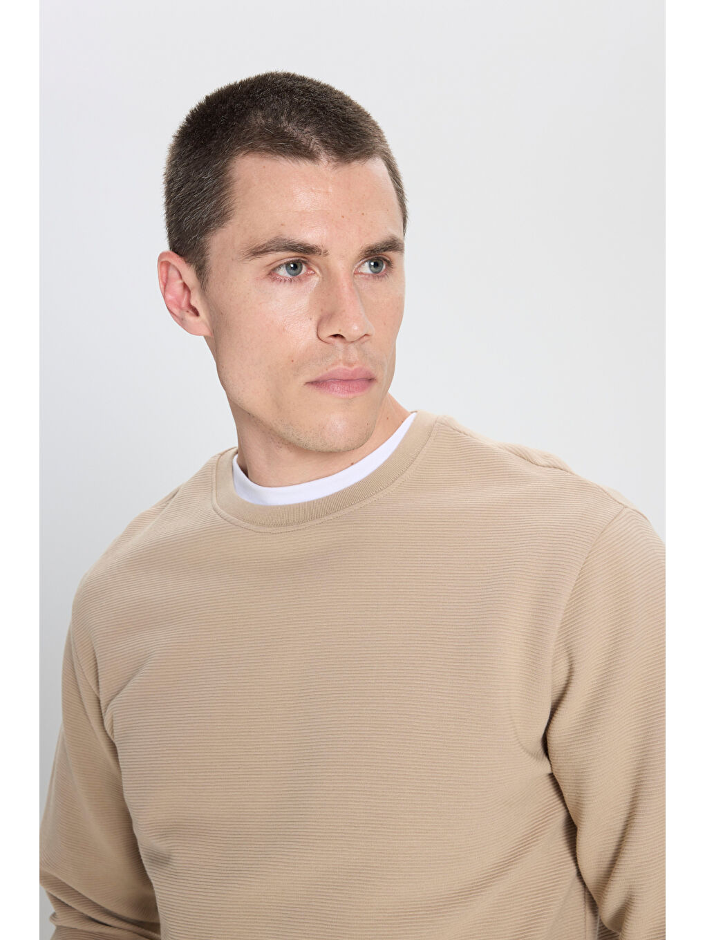 Regular Fit Normal Kesim Bisiklet Yaka %100 Pamuk Bej Sweatshirt-3