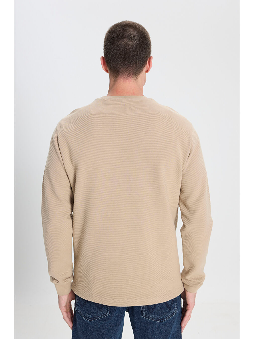 Regular Fit Normal Kesim Bisiklet Yaka %100 Pamuk Bej Sweatshirt-4