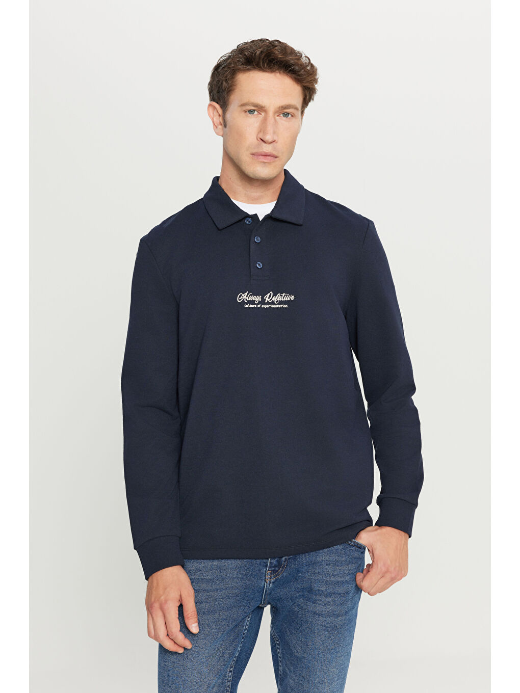 Erkek Lacivert 2 İplik Pamuklu Standart Fit Normal Kesim Polo Yaka Sweatshirt-2