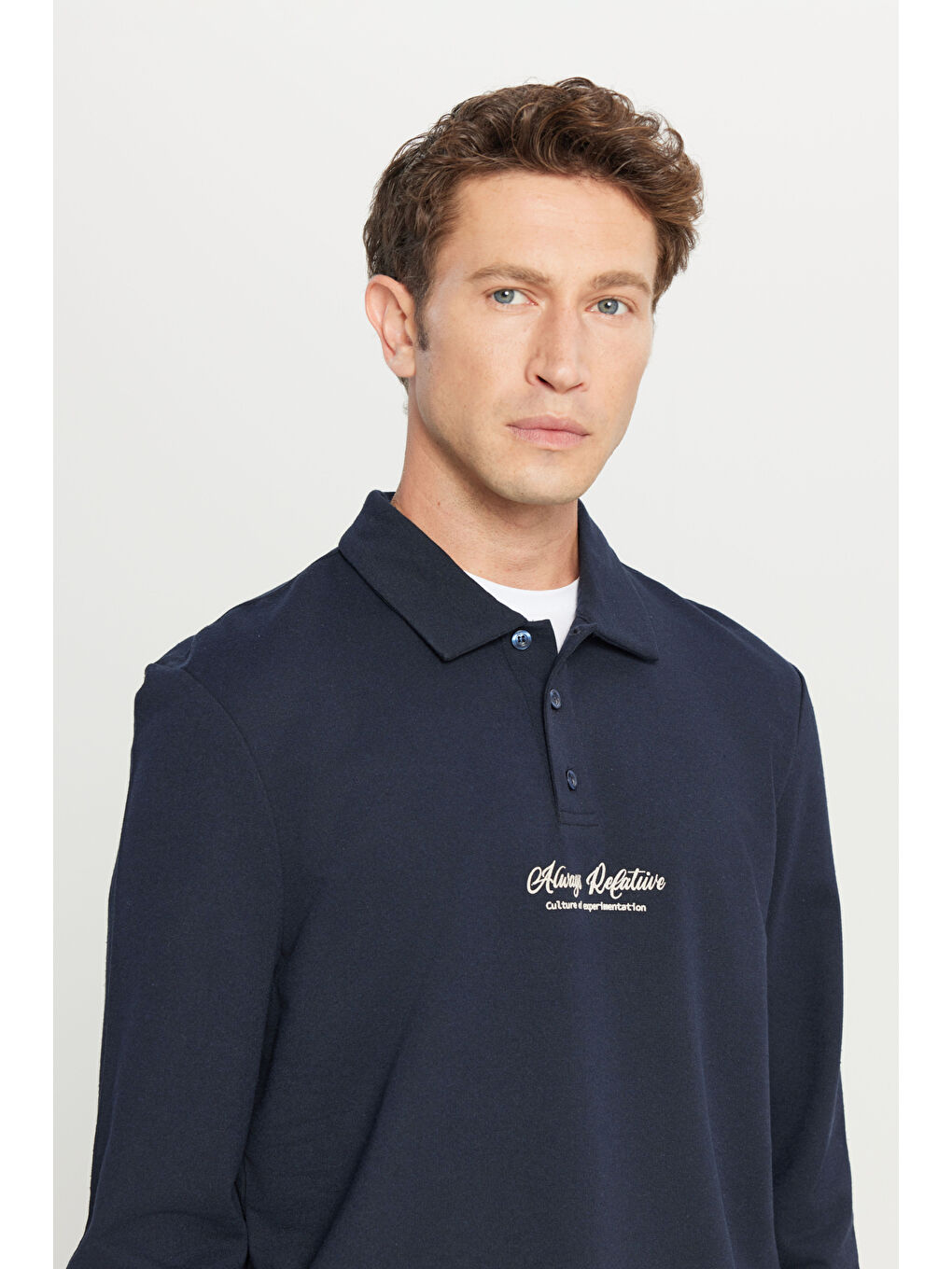 Erkek Lacivert 2 İplik Pamuklu Standart Fit Normal Kesim Polo Yaka Sweatshirt-3