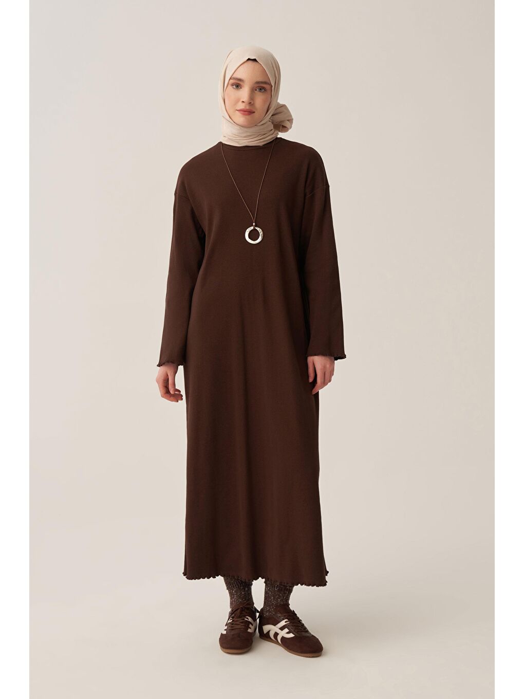 Kahverengi Kahve-Fırfır Detaylı Kaşkorse Elbise