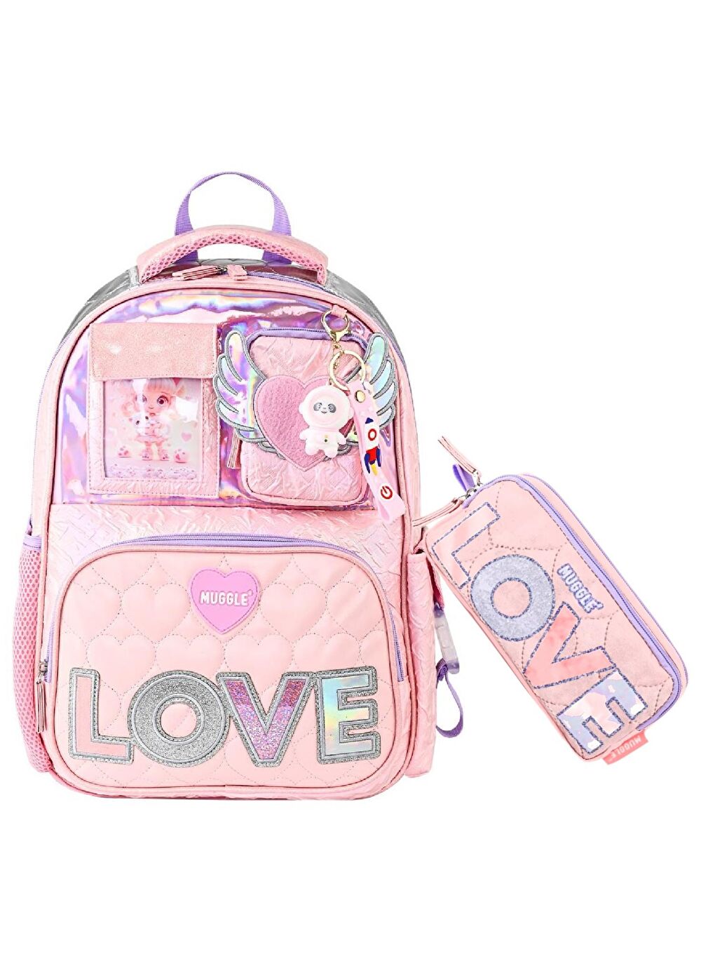 2 Bölmeli Love Okul Çantası + Kalemlik Pudra 2 Li Set