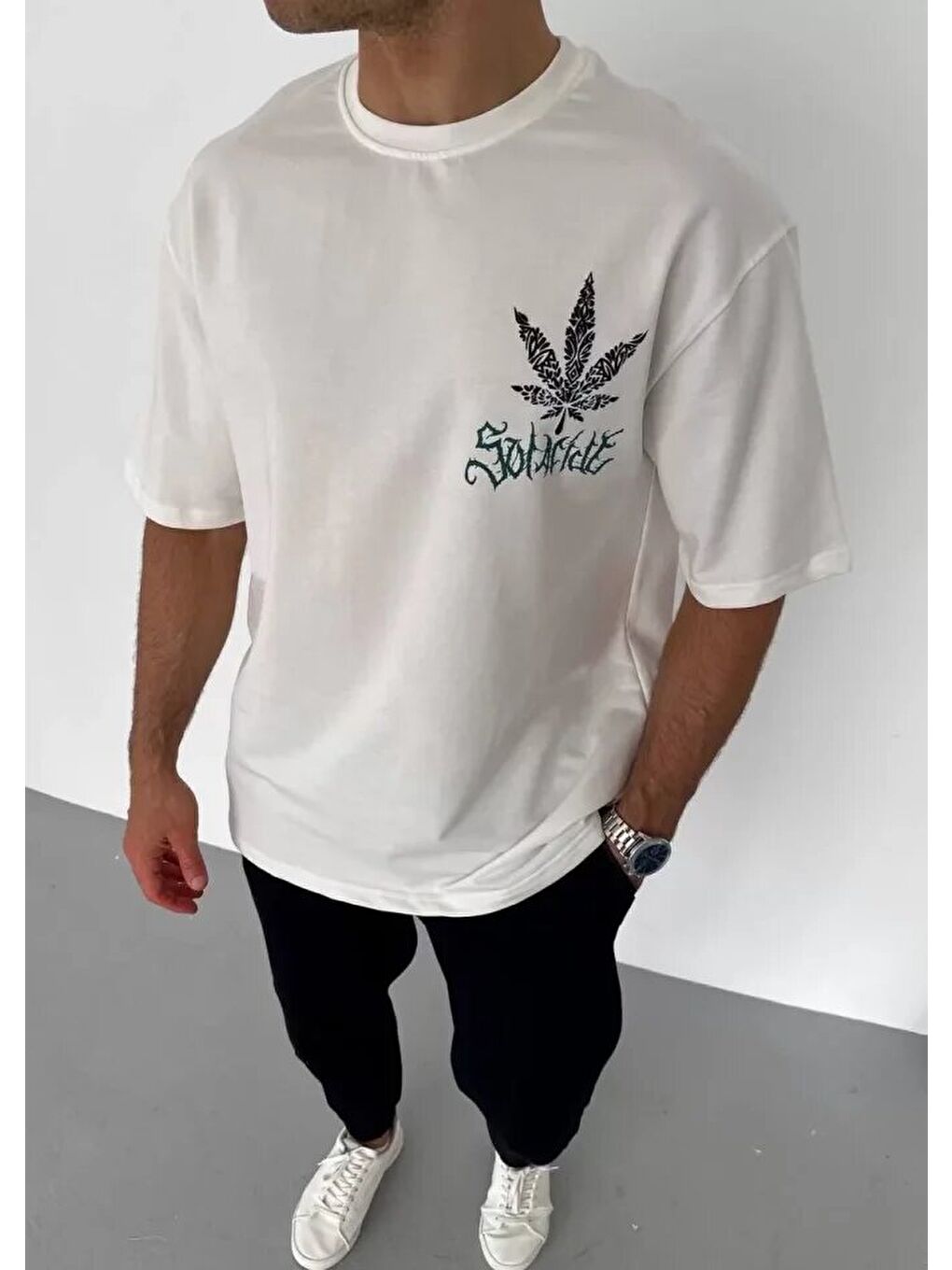 Unisex Bisiklet Yaka Baskılı Oversize T-Shirt - Beyaz