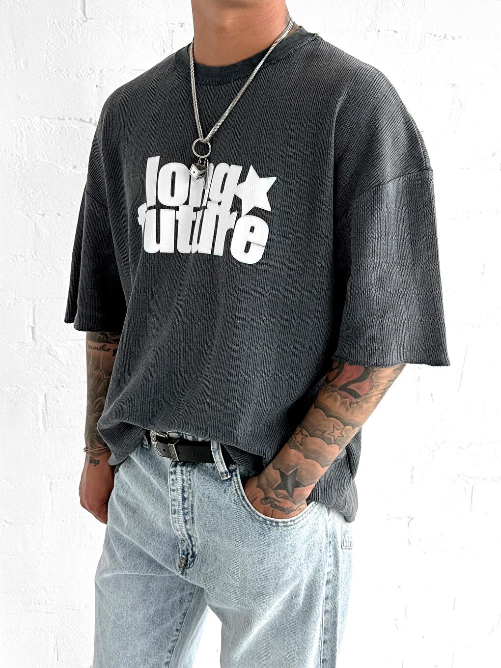 Erkek Yıkamalı Ribana Kumaş Oversize Tişört Siyah-1