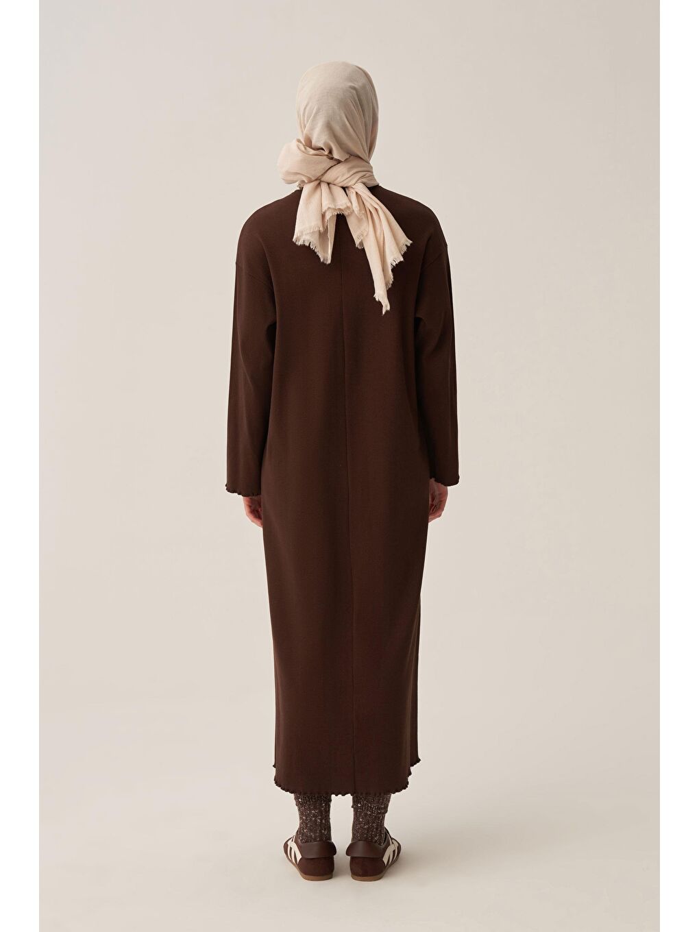 Kahverengi Kahve-Fırfır Detaylı Kaşkorse Elbise-3