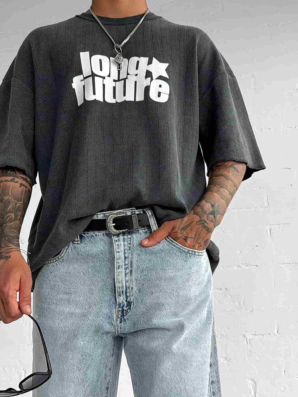 Erkek Yıkamalı Ribana Kumaş Oversize Tişört Siyah-2