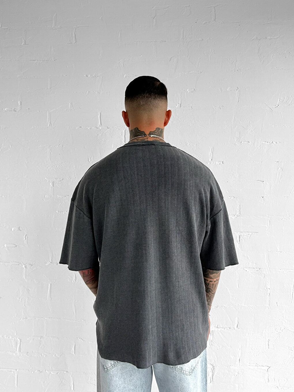 Erkek Yıkamalı Ribana Kumaş Oversize Tişört Siyah-3