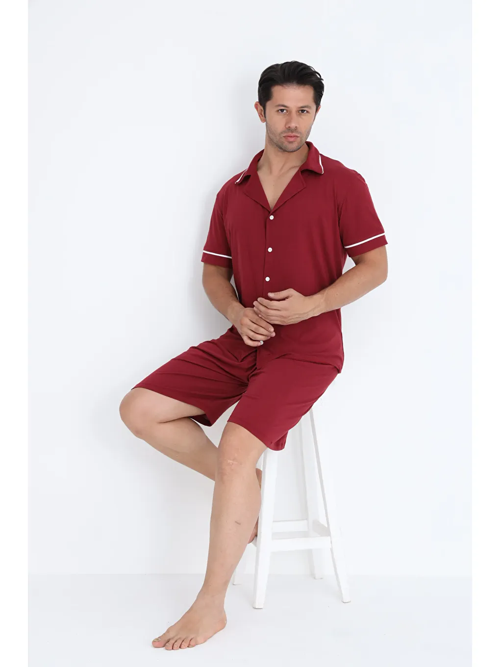 Bordo Erkek Kısa Kol Düğmeli %100 Pamuk Yılbaşı Temalı Şortlu Pijama Takımı 7500-Ş