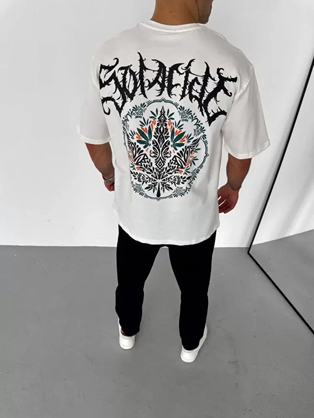 Unisex Bisiklet Yaka Baskılı Oversize T-Shirt - Beyaz-2