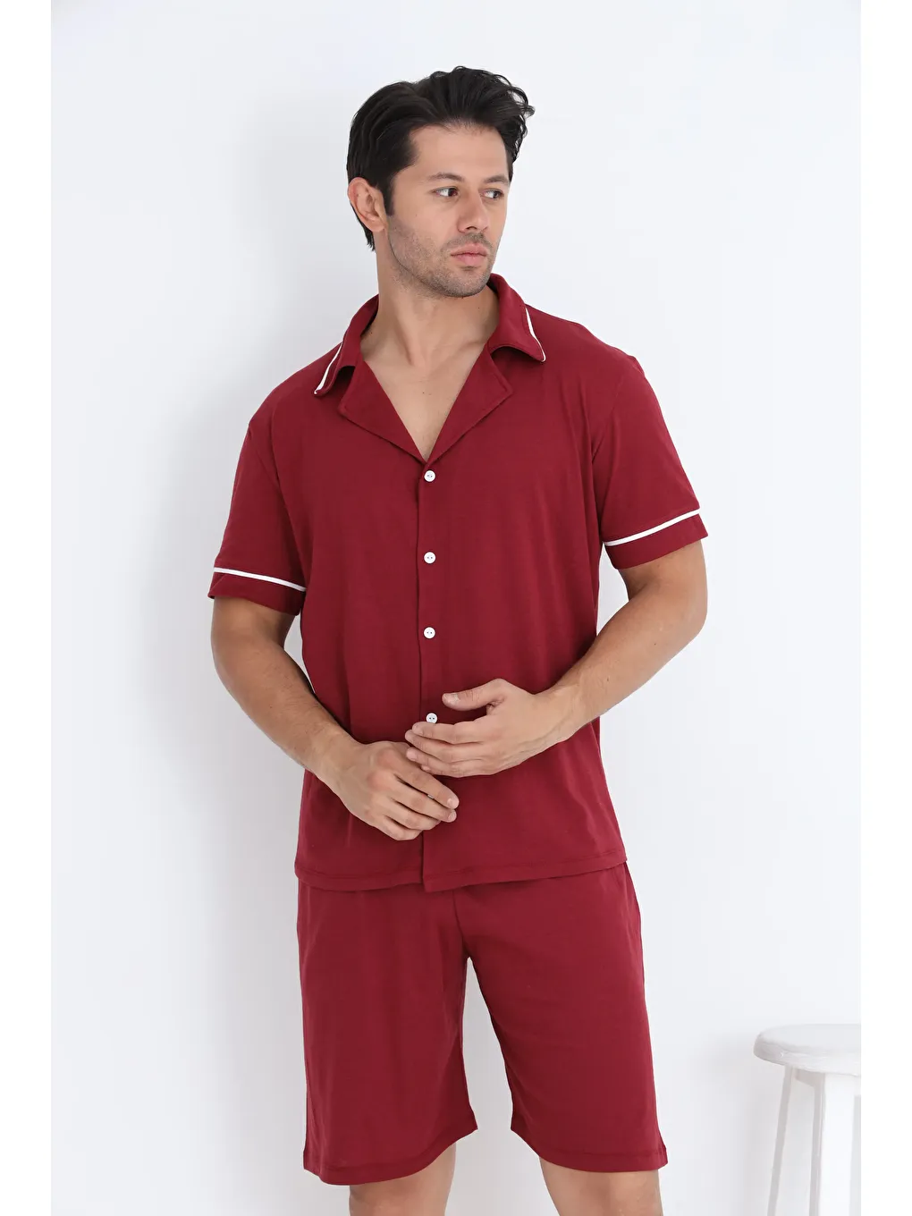 Bordo Erkek Kısa Kol Düğmeli %100 Pamuk Yılbaşı Temalı Şortlu Pijama Takımı 7500-Ş-1