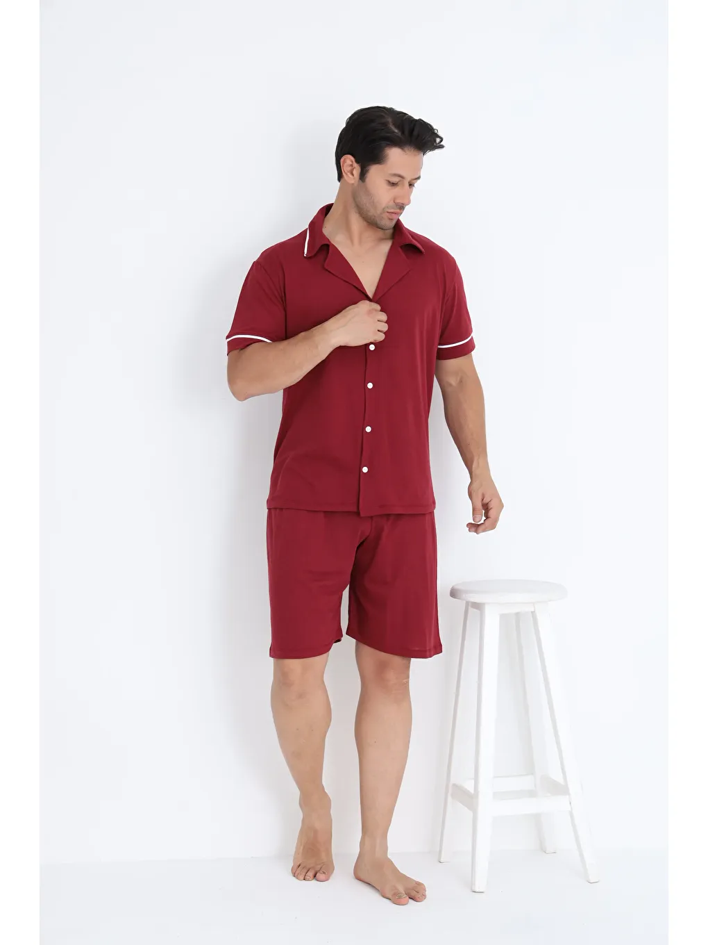 Bordo Erkek Kısa Kol Düğmeli %100 Pamuk Yılbaşı Temalı Şortlu Pijama Takımı 7500-Ş-2