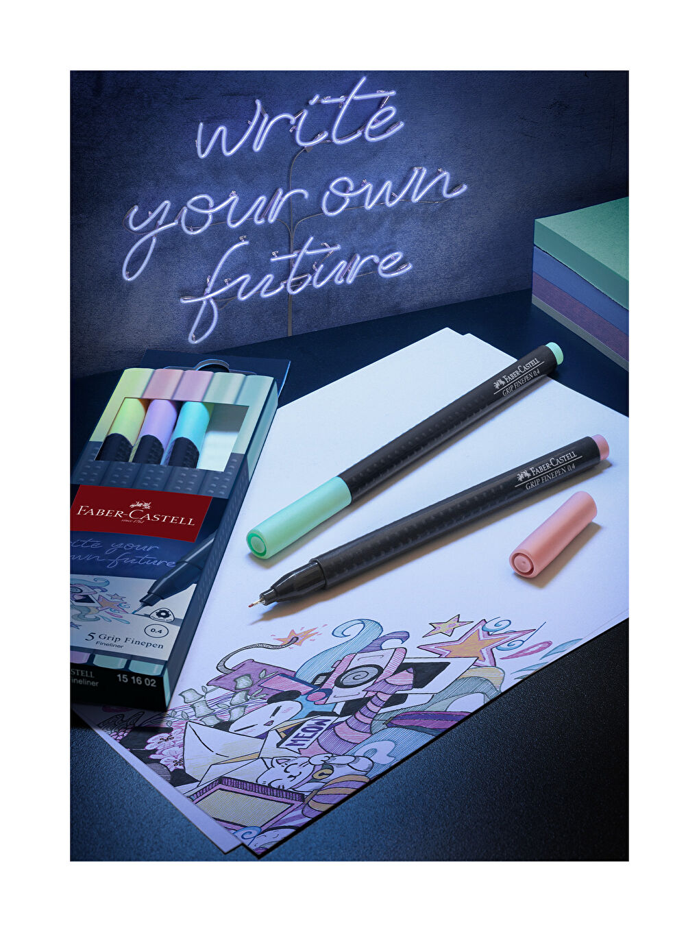 Grip Finepen İnce Keçe Uçlu Kalem Seti, 5’li, Pastel Renkler, 0.4 mm Uç, Metal Destekli-2