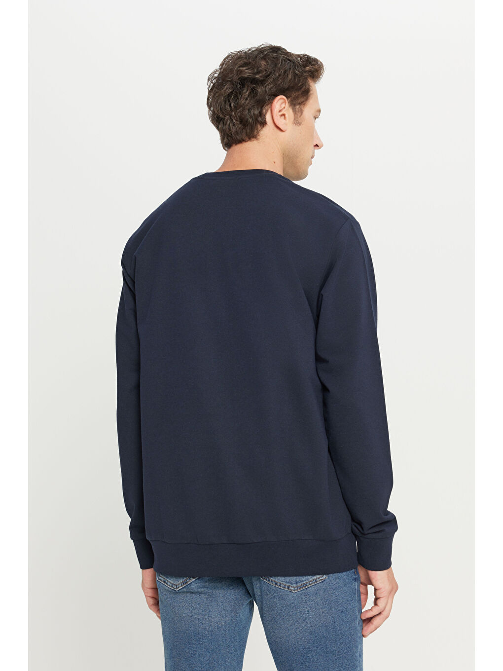 Erkek Lacivert 2 İplik Pamuklu Standart Fit Normal Kesim Bisiklet Yaka Sweatshirt-4