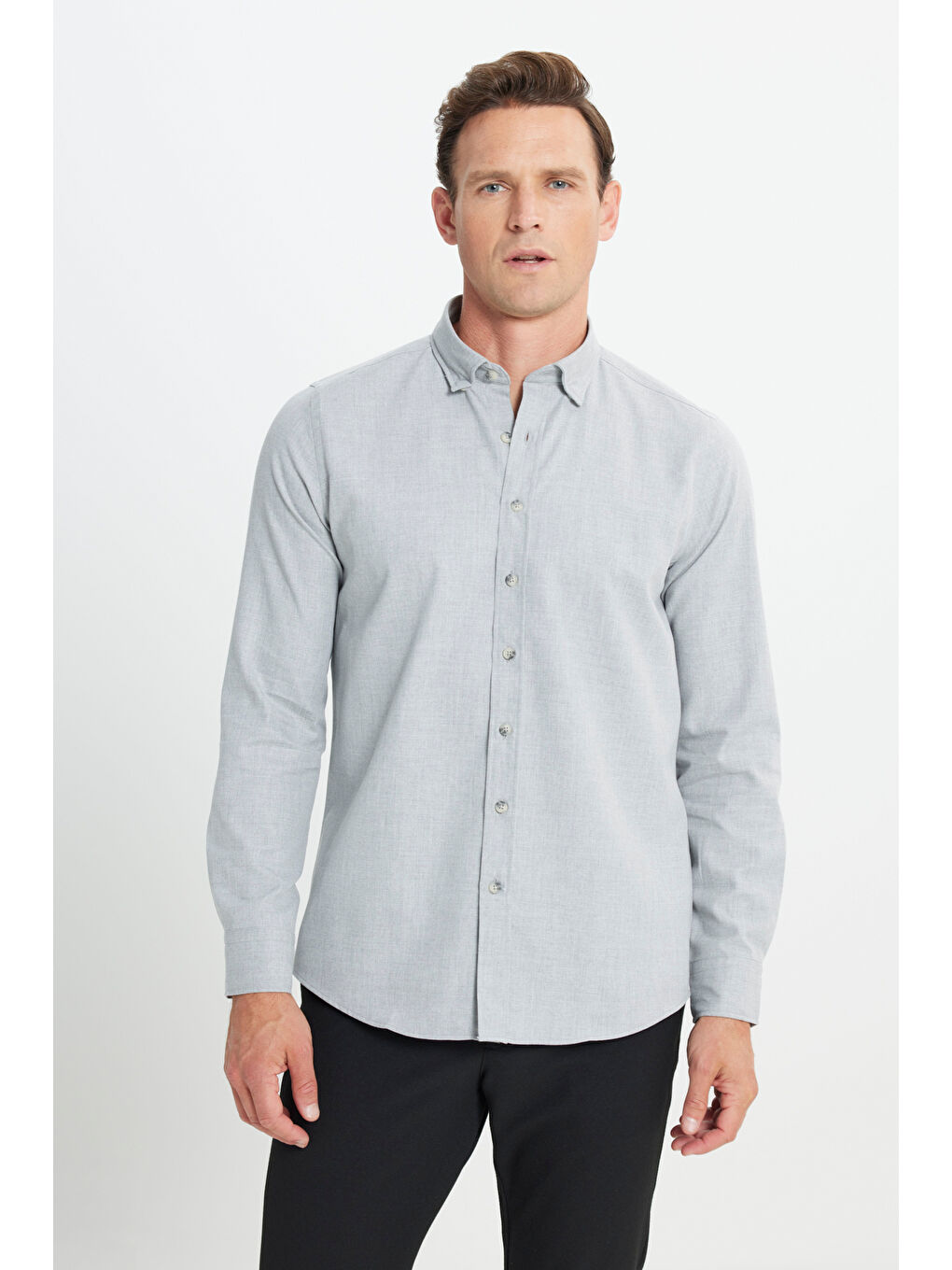 Erkek Açık Gri Slim Fit Dar Kesim Düğmeli Yaka Flanel Oduncu Kışlık Gömlek