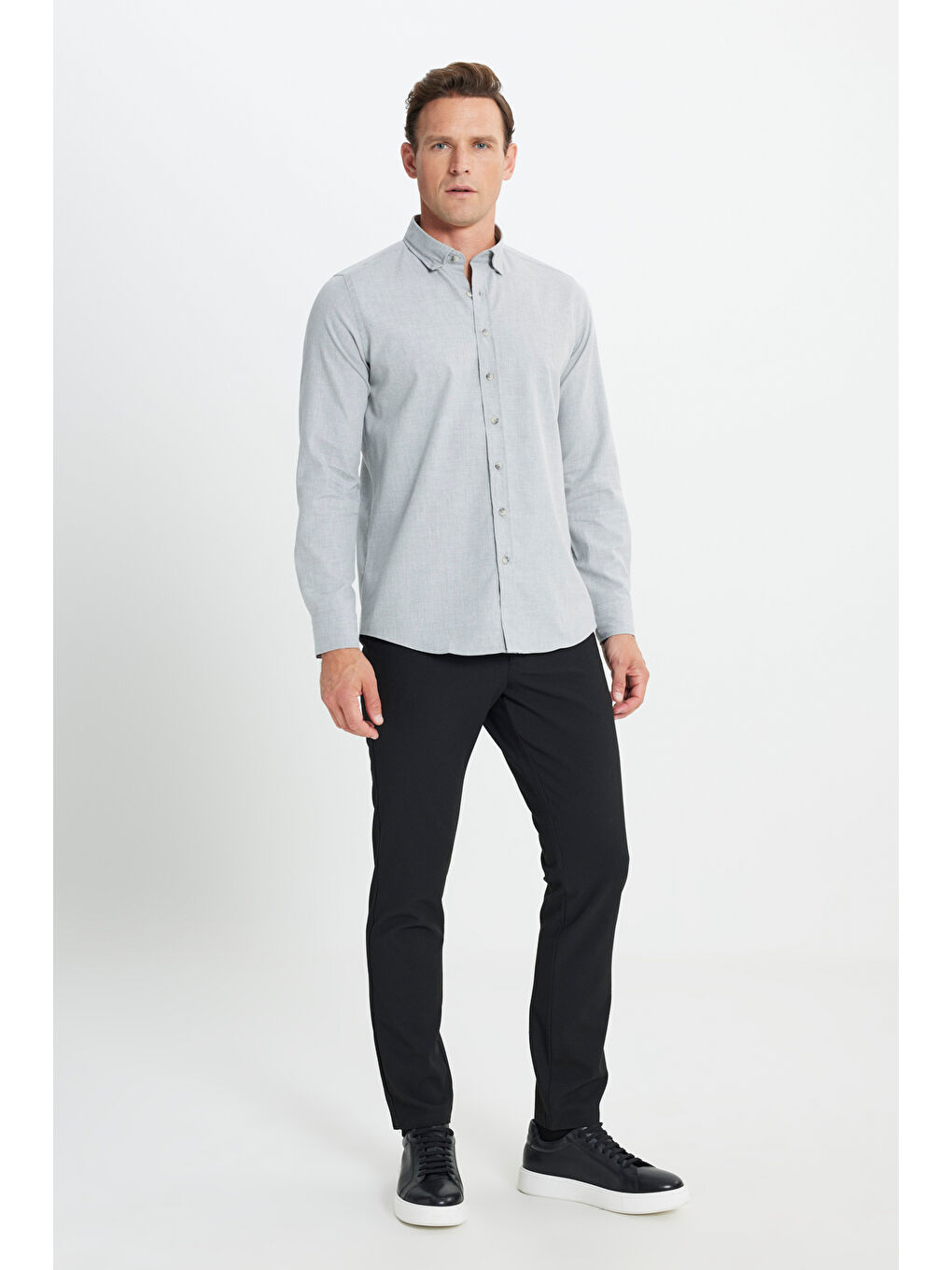 Erkek Açık Gri Slim Fit Dar Kesim Düğmeli Yaka Flanel Oduncu Kışlık Gömlek-1