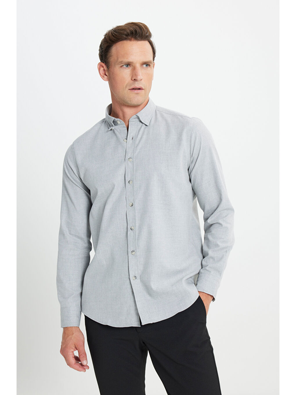 Erkek Açık Gri Slim Fit Dar Kesim Düğmeli Yaka Flanel Oduncu Kışlık Gömlek-2